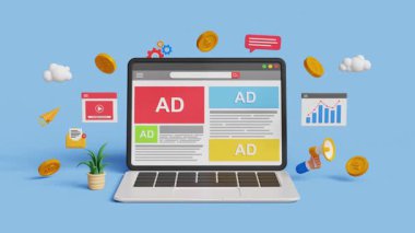 Sosyal medyada online reklamcılık. PPC reklam kampanyası. Hedeflenen reklam. Programlı sosyal ağ reklamlı üç boyutlu dijital pazarlama. 4K 3B döngü canlandırması