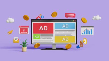 Web sitesi reklamları, dijital pazarlama kavramı. Sosyal medyada reklamcılık. PPC reklam kampanyası ve performans ölçümleri. Hedeflenen reklamlar. 4K 3B döngü canlandırması