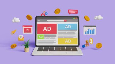 Web sitesi reklamları, dijital pazarlama kavramı. Sosyal medyada reklamcılık. PPC reklam kampanyası ve performans ölçümleri. Hedeflenen reklamlar. 4K 3B döngü canlandırması