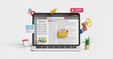 E-posta pazarlama, CRM, e-posta otomasyon konsepti. Otomatik pazarlama veya abonelik kavramı için e-posta bülteni. İş e-posta çözümü. E- posta kutusu ve pazarlama simgelerine sahip 3B dizüstü bilgisayar