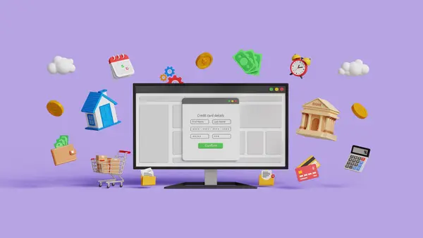 Dijital bankacılık, çevrimiçi ödeme, finansal teknoloji, internet hizmetleri veya FinTech konsepti. Mobil bankacılık ya da internet alışverişi. Kredi kartı ödeme ekranı ve simgeleri olan 3D bilgisayar