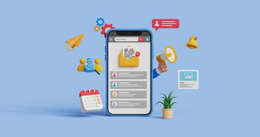 E-posta pazarlama, e-posta otomasyonu, pazarlama otomasyonu. Müşteri ilişkileri, tutum, sadakat. İş e-posta pazarlaması. E-posta kutusu olan 3 boyutlu akıllı telefon. 4K 3D animasyon. Döngü için ilk 3 saniyeyi kes