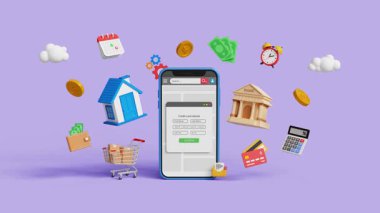Dijital bankacılık, çevrimiçi ödeme, finansal teknoloji, internet hizmetleri veya FinTech konsepti. Mobil bankacılık ya da internet alışverişi. Kredi kartı ödeme ekranlı 3D akıllı telefon. 4K 3B Canlandırma
