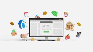 Dijital ödemeler, banka şebekesi, finansal hizmetler veya FinTech konsepti. Çevrimiçi alışveriş, internet alışverişi, mobil bankacılık uygulaması. Bilgisayarda kredi kartı ekranıyla 3 boyutlu ödeme. 4K 3B Canlandırma