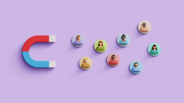Dijital pazarlama ve müşteri ilişkileri konsepti. Reklamlar, izleyici desteği, seyirci çekmek, indirimli teklifler, iş pazarlama stratejisi. 3B mıknatıs izleyiciyi çekiyor