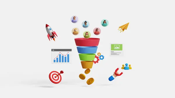 Lider nesil, CRO, dönüşüm oranı optimizasyon konsepti. Web sitesi trafiğinden faydalan, seyirciyi satışa dönüştür. Yaklaşan pazarlama stratejisi. 3B pazarlama hunisi izleyiciyi çekiyor