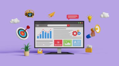 Pazarlama otomasyonu ya da web otomasyonu. Büyüme stratejisi, hedef kitle, reklam ya da kampanya, ilerleme ya da gelişme. Dijital pazarlama simgeleriyle birlikte bilgisayar ekranında 3B web sayfası