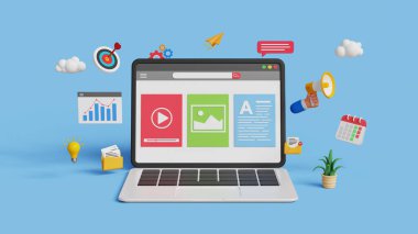 Dijital pazarlama, reklamcılık veya içerik tanıtım konsepti. Organik trafiği SEO ve e-posta pazarlama ya da sunumla yönlendir. Bilgisayarda dijital pazarlama simgeleriyle birlikte 3B içerik analizi paneli
