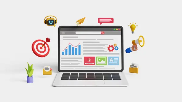 Pazarlama otomasyonu. Dijital pazarlama stratejisi, SEO, analitik gösterge paneli, iş anlayışı, pazarlama araştırması, reklamcılık, kampanya. Dijital pazarlama simgeleriyle dolu bir dizüstü bilgisayarda 3 boyutlu analiz paneli