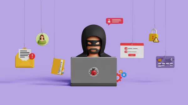 Siber saldırı, internet korsanlığı ve hackleme konsepti. Siber güvenliğe sızma, kişisel bilgileri çalma ve sistem hacklemesi. Bilgisayarı kullanarak kişisel bilgileri çalan 3D hacker