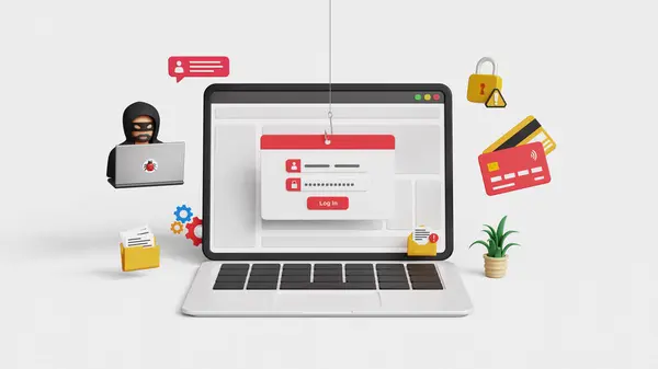 Phishing alarmı, hackleme saldırısı, kişisel veri güvenliği. Kişisel bilgiler risk altında, kullanıcı adı ve şifre çalmak, siber güvenlik kavramı. Bir dizüstü bilgisayarda 3 boyutlu sahte giriş ekranı