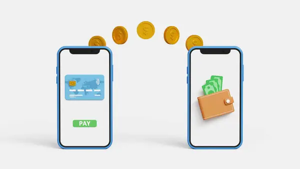Smartphone üzerinden ani para transferi. İnternet bankacılığı konsepti. 3 boyutlu akıllı telefon cüzdanına kredi kartıyla para gönderiyor.