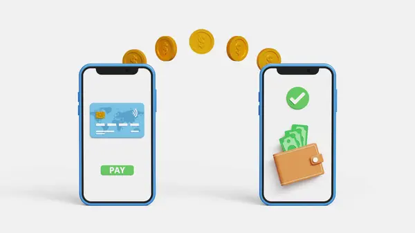 Smartphone üzerinden ani para transferi. İnternet bankacılığı konsepti. 3 boyutlu akıllı telefon cüzdanına kredi kartıyla para gönderiyor.