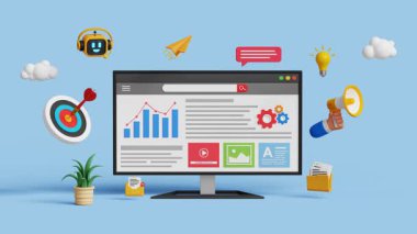Dijital pazarlama otomasyonu. Analitik gösterge paneli, SEO, büyüme, reklam, kampanya. KPI ile iş stratejisi. Yapay zekayla çalışan iş akışı. Bilgisayarda 3 boyutlu analiz paneli. 4K 3B Canlandırma