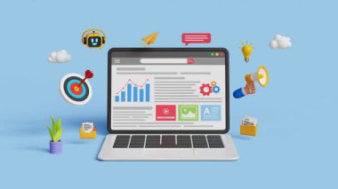 Dijital pazarlama otomasyonu. Analitik gösterge paneli, SEO, büyüme, reklam, kampanya. KPI ile iş stratejisi. Yapay zekayla çalışan iş akışı. Dizüstü bilgisayarda 3 boyutlu analiz paneli. 4K 3B Canlandırma