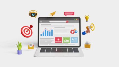 Pazarlama otomasyonu. Dijital pazarlama stratejisi, SEO, analitik gösterge paneli, iş anlayışı, pazarlama araştırması, reklamcılık, kampanya. Dizüstü bilgisayarda 3 boyutlu analiz paneli. 4K 3B Canlandırma