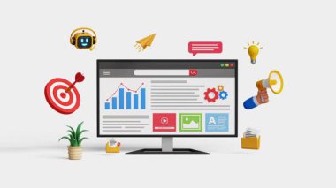 Pazarlama otomasyonu. Dijital pazarlama stratejisi, SEO, analitik gösterge paneli, iş anlayışı, pazarlama araştırması, reklamcılık, kampanya. Bilgisayarda 3 boyutlu analiz paneli. 4K 3B Canlandırma