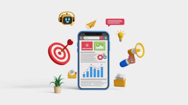 Pazarlama otomasyonu. Dijital pazarlama stratejisi, SEO, analitik gösterge paneli, iş anlayışı, pazarlama araştırması, reklamcılık, kampanya. Akıllı telefondaki 3 boyutlu analiz paneli. 4K 3B Canlandırma