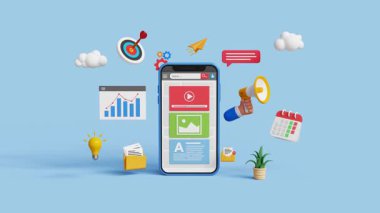 Dijital pazarlama, reklamcılık veya içerik tanıtım konsepti. SEO, organik trafik, e-posta pazarlama ya da sunum. Dijital pazarlama ile akıllı telefondan üç boyutlu içerik analitik gösterge paneli. 4K 3B Canlandırma