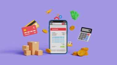 Dijital ifade ya da E-fatura kavramı. Dijital fatura formu. Mali ödeme sistemi, muhasebe, fatura, fiyat ya da vergi hesaplaması, iş alıntısı. Fatura makbuzlu 3D akıllı telefon. 4K 3B Canlandırma