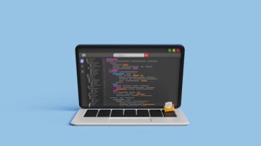 AI kod asistanı ya da web geliştirme. AI yazılım teknolojisi. Yazılım geliştirme veya kodlama süreci kavramı. 3D akıllı robot kod yazmada yardımcı oluyor. 3D dizüstü bilgisayarda UI ekranı kodlanıyor. 4K 3B Canlandırma