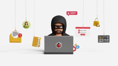Hackleme ya da siber saldırı, sahte alarm, kişisel veri güvenliği. Kişisel bilgiler risk altında, kullanıcı adı, şifre, siber güvenlik. Bilgisayarı kullanarak kişisel bilgileri çalan 3 boyutlu bir bilgisayar korsanı. 4K 3B Canlandırma