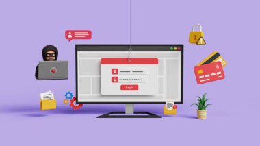 İnternet hırsızlığı ve hackleme konsepti. Siber güvenliğe sızma, kişisel bilgileri çalma ve sistem hacklemesi. Şifreleme ekranı olan 3 boyutlu bir bilgisayar. 4K 3B Canlandırma