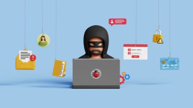 Phishing ya da hack saldırı konsepti. Kullanıcı adını, şifreyi hacklemek için sahte giriş ekranı. Siber güvenlik. 3 boyutlu siber saldırı, bilgisayar kullanarak kişisel bilgileri çalan bir bilgisayar korsanı. 4K 3B Canlandırma