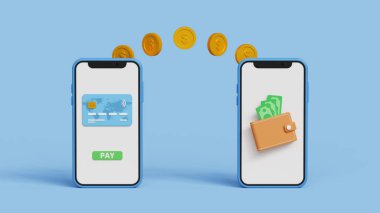 Akıllı telefon uygulaması kullanarak para gönderip almak. P2P işlemleri online bankacılık ödemeleri ve para transferi konsepti. Mobil bankacılık uygulaması üzerinden para gönderiliyor. 3B illüstrasyon