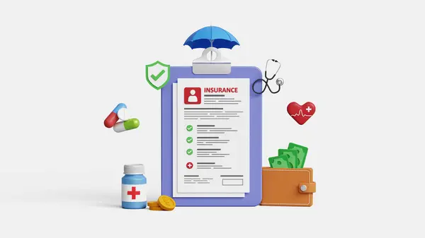 Sağlık sigortası, sağlık sigortası, sigorta poliçesi, sağlık sigortası, hasta güvenliği, tıbbi risk kavramı. 3D sağlık simgeleriyle tıbbi pano reçetesi