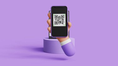 Akıllı telefonu kullanarak QR kodunu tarayıp ödeme ya da sipariş menüsünü tarıyor. Dijital ödeme transferi, akıllı teknoloji, online ödeme, fintech, kredi kartı, banka uygulaması. 3B illüstrasyon