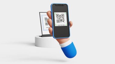 Akıllı telefonu kullanarak QR kodunu tarayıp ödeme ya da sipariş menüsünü tarıyor. Dijital ödeme transferi, akıllı teknoloji, online ödeme, fintech, kredi kartı, banka uygulaması. 3B illüstrasyon