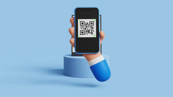 Akıllı telefonu kullanarak QR kodunu tarayıp ödeme ya da sipariş menüsünü tarıyor. Dijital ödeme transferi, akıllı teknoloji, online ödeme, fintech, kredi kartı, banka uygulaması. 3B illüstrasyon