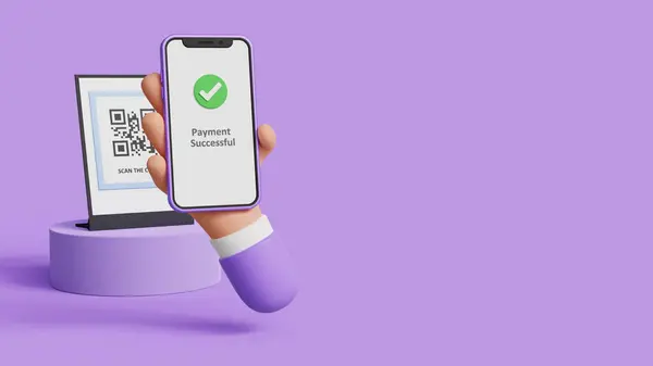 Başarılı bir ödeme transferi. Akıllı telefonlu üç boyutlu el ödeme için QR kodunu tarıyor. E-cüzdan, finans hizmetleri, POS makinesi, fintech, online ya da kablosuz ödeme, dijital işlem. 3B illüstrasyon