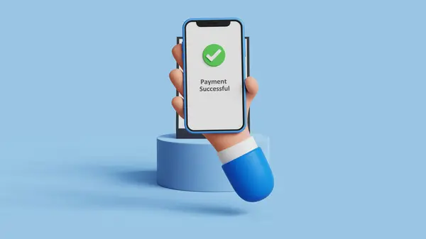 Başarılı bir ödeme transferi. Akıllı telefonlu üç boyutlu el ödeme için QR kodunu tarıyor. E-cüzdan, finans hizmetleri, POS makinesi, fintech, online ya da kablosuz ödeme, dijital işlem. 3B illüstrasyon