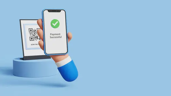 Başarılı bir ödeme transferi. Akıllı telefonlu üç boyutlu el ödeme için QR kodunu tarıyor. E-cüzdan, finans hizmetleri, POS makinesi, fintech, online ya da kablosuz ödeme, dijital işlem. 3B illüstrasyon