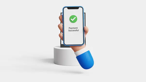 Başarılı bir ödeme transferi. Akıllı telefonlu üç boyutlu el ödeme için QR kodunu tarıyor. E-cüzdan, finans hizmetleri, POS makinesi, fintech, online ya da kablosuz ödeme, dijital işlem. 3B illüstrasyon