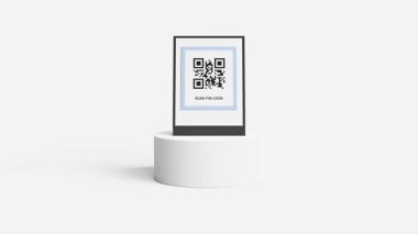 Başarılı bir ödeme transferi. Akıllı telefonlu üç boyutlu el ödeme için QR kodunu tarıyor. E-cüzdan, finans hizmetleri, POS makinesi, fintech, online ya da kablosuz ödeme, dijital işlem. 4K 3B Canlandırma