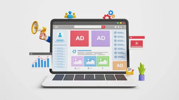 Dijital pazarlama stratejisi, sosyal medya reklamları, çevrimiçi reklamlar, pazarlama analizleri, web sitesi ve sosyal medya reklamları... 3 boyutlu reklam paneli ve pazarlama simgeleri.