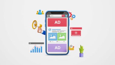 Dijital pazarlama stratejisi, sosyal medya reklamları, çevrimiçi reklamlar, pazarlama analizleri, web sitesi ve sosyal medya reklamları... pazarlama simgeleriyle dolu akıllı telefondaki 3 boyutlu reklamlar. 4K 3B Canlandırma