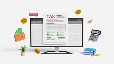 Dijital vergi hesaplama formu ve finansal yönetim kavramı. Gelir vergisi, vergi iade dosyası, vergi belgeleri. Devlet vergileri ve vergi beyannameleri. Çevrimiçi vergiye sahip 3B bilgisayar for4K 3D animasyon