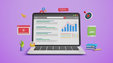 SEO araçları, üst düzey arama sıralaması, web sitesi tanıtımı, arama motoru optimizasyonu, SEO web sitesi, organik arama sıralaması. Web sitesi arama sonuçları 3D dizüstü bilgisayarda sıralanıyor
