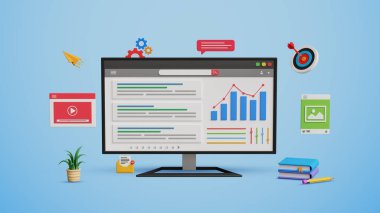 SEO, arama motoru optimizasyonu, web sitesi sıralaması, arama sonuç sayfası, tanıtım sitesi. Web sitesi adresini 3D bir bilgisayarda 1. sıraya yükselt