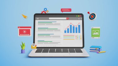 SEO, arama motoru optimizasyonu, web sitesi sıralaması, arama sonuç sayfası, tanıtım sitesi. 3D dizüstü bilgisayarda web sitesi adresini 1. sıraya uygun hale getir