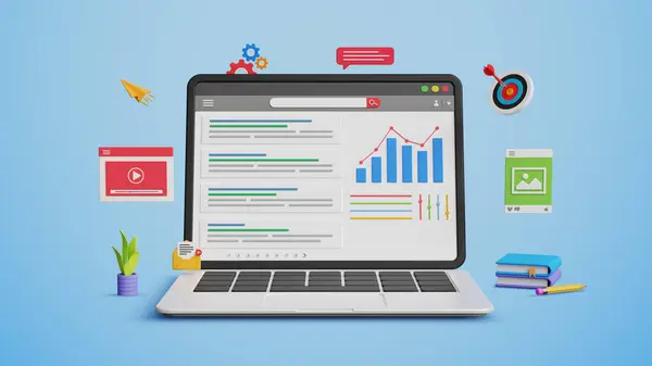 SEO, arama motoru optimizasyonu, web sitesi sıralaması, arama sonuç sayfası, tanıtım sitesi. 3D dizüstü bilgisayarda web sitesi adresini 1. sıraya uygun hale getir