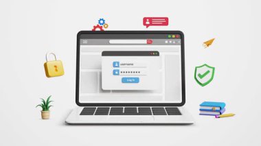 Siber güvenlik kavramı. Web sayfası girişi, kullanıcının kişisel bilgilerine güvenli erişim, veri koruması ve güvenli internet erişimi. 3D dizüstü bilgisayarda kullanıcı adı ve parola içeren giriş sayfası. 4K 3B Canlandırma