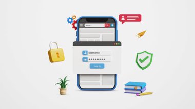 Siber güvenlik kavramı. Web sayfası girişi, kullanıcının kişisel bilgilerine güvenli erişim, veri koruması ve güvenli internet erişimi. Kullanıcı adı olan giriş sayfası, 3D akıllı telefon şifresi. 4K 3B Canlandırma