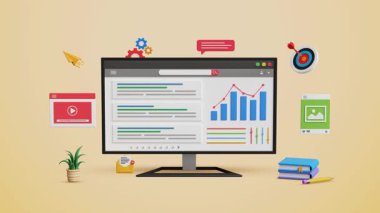 SEO araçları, üst düzey arama sıralaması, web sitesi tanıtımı, arama motoru optimizasyonu, SEO web sitesi, organik arama sıralaması. İnternet sitesi arama sonuçları 3 boyutlu bir bilgisayarda sıralanıyor. 4K 3B Canlandırma