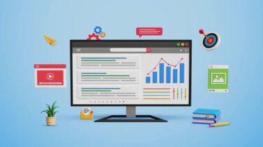 SEO, arama motoru optimizasyonu, web sitesi sıralaması, arama sonuç sayfası, tanıtım sitesi. Web sitesi adresini 3D bir bilgisayarda 1. sıraya yükselt. 4K 3B Canlandırma