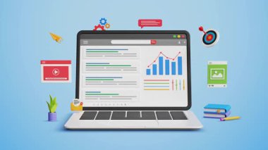 SEO, arama motoru optimizasyonu, web sitesi sıralaması, arama sonuç sayfası, tanıtım sitesi. Web sitesi adresini 3D dizüstü bilgisayarda 1. sıraya yükselt. 4K 3B Canlandırma